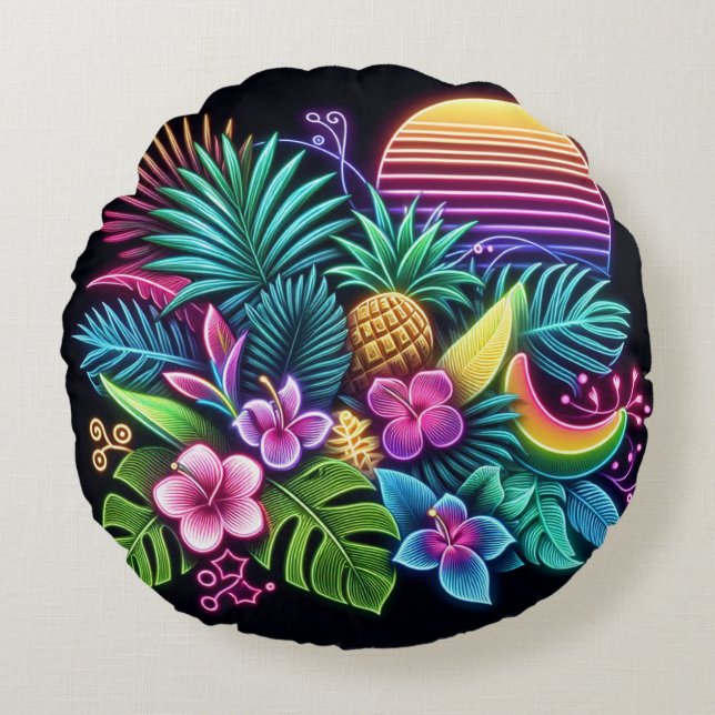 Cojín Redondo Tropical neón colorido/hawaiano (Anverso)