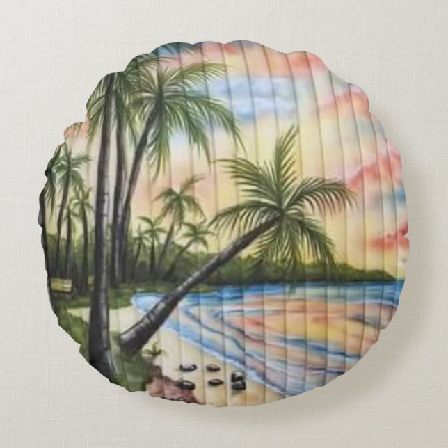COJÍN REDONDO TROPICAL PALM TREES BEACH BLINDS (Anverso)