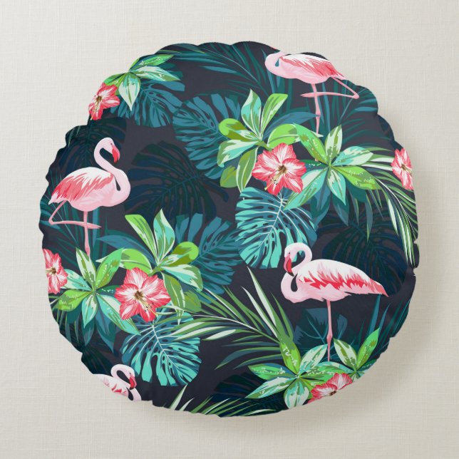Cojín Redondo Tropical summer seamless pattern with flamingo bir (Anverso)