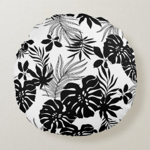 Cojín Redondo Tropicales blancos y negros: Naturaleza silueta