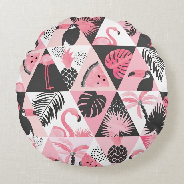 Cojín Redondo Trópico de retazos: sandía de Flamingo sin soldadu (Anverso)