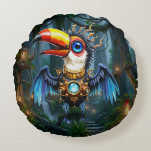 Cojín Redondo Tucán steampunk iluminado por la luna.