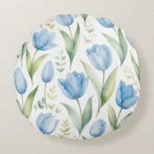 Cojín Redondo Tulipanes Azules Pintura Floral Acuarela Botánica
