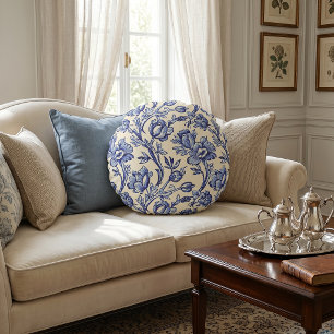 Cojín Redondo Tulipanes Azules y Crema Toile Decoración Campestr