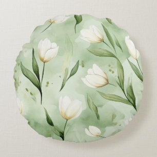 Cojín Redondo Tulipanes Blancos Verdes Bonitos Pájaros