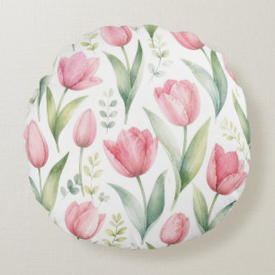 Cojín Redondo Tulipanes rosados Pintura floral de acuarela Botán