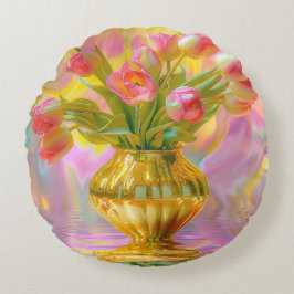 Cojín Redondo Tulipanes rosados vibrantes en la caja dorada