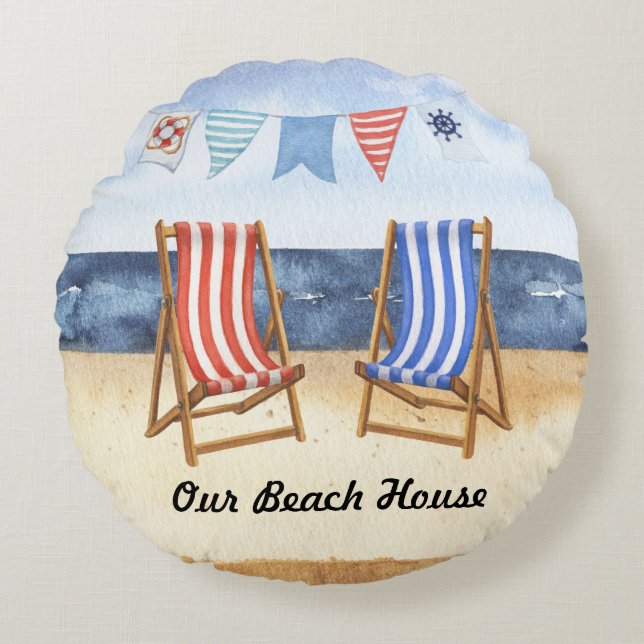 Cojín Redondo Tumbonas de rayas azules y rojas (Anverso)