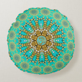 Cojín Redondo Turquesa Acuario Oro Boho Mandala OM Yoga
