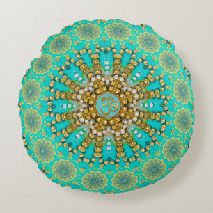 Cojín Redondo Turquesa Acuario Oro Boho Mandala OM Yoga