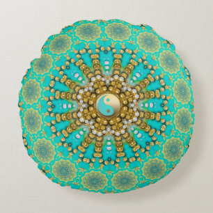 Cojín Redondo Turquesa Acuático Oro Yin Yang Mandala Playero