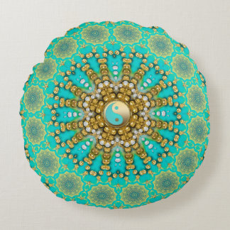 Cojín Redondo Turquesa Acuático Oro Yin Yang Mandala Playero
