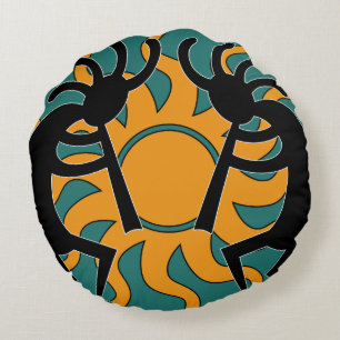 Cojín Redondo Turquesa amarilla Sun tribal Kokopelli del
