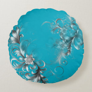 Cojín Redondo Turquesa Azul Moderno con Plata Ornamentada