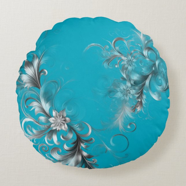 Cojín Redondo Turquesa Azul Moderno con Plata Ornamentada (Anverso)