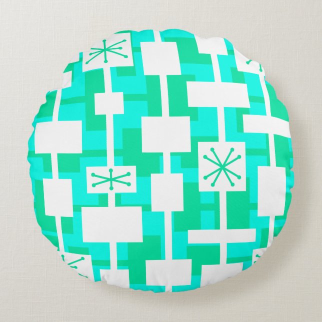 Cojín Redondo Turquesa Geométrica Moderna de Medid Century (Anverso)
