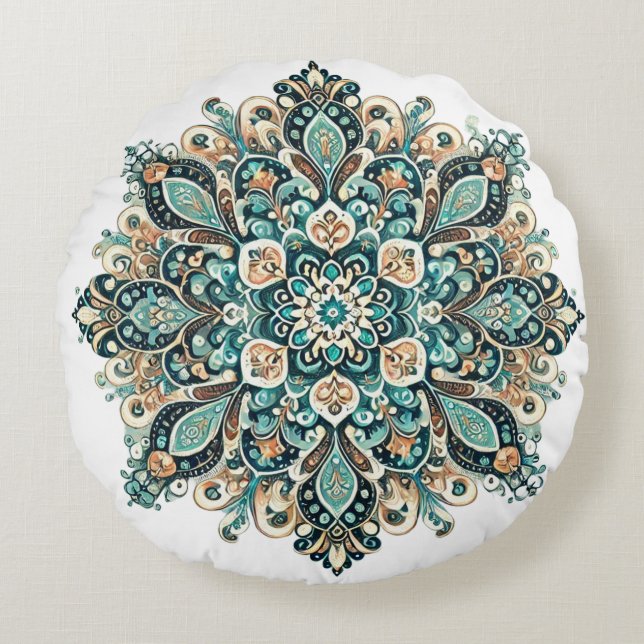Cojín Redondo Turquesa Paisley Mandala con acentos dorados 1 (Anverso)