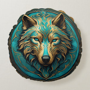 Cojín Redondo Turquesa y lobo de oro