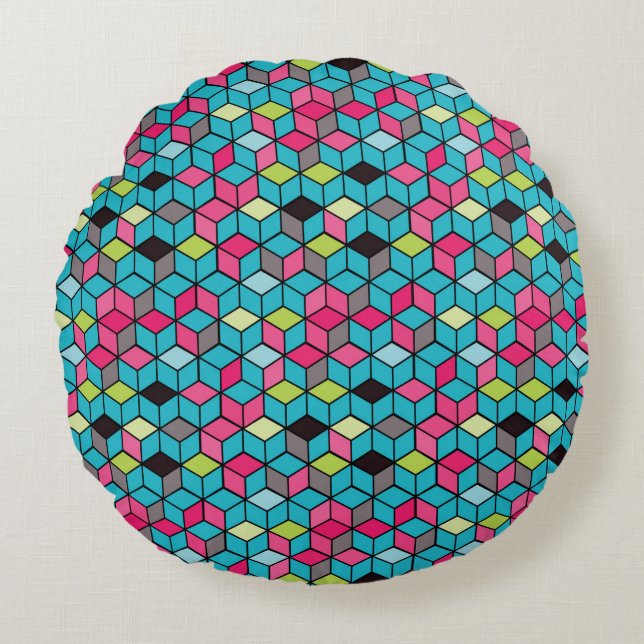 Cojín Redondo Turquesa y modelo rosado del cubo (Anverso)