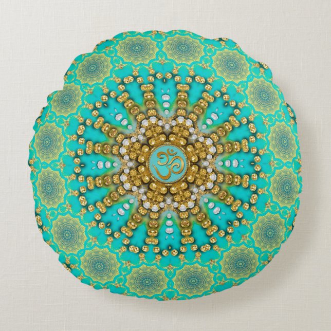 Cojín Redondo Turquoise Aqua Gold Bohemias Mandala OM Yoga (Anverso)