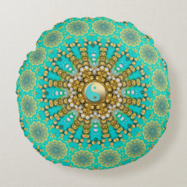 Cojín Redondo Turquoise Aqua Gold Yin Yang Beachala Mandala