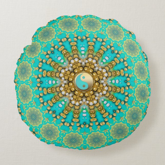 Cojín Redondo Turquoise Aqua Gold Yin Yang Beachala Mandala (Anverso)