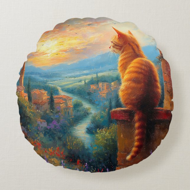 Cojín Redondo Tuscan Sunset with a Ginger Cat (Anverso)
