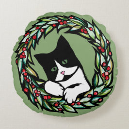 Cojín Redondo Tuxedo Cat Christmas Yule Holiday Cats Catmas Art 