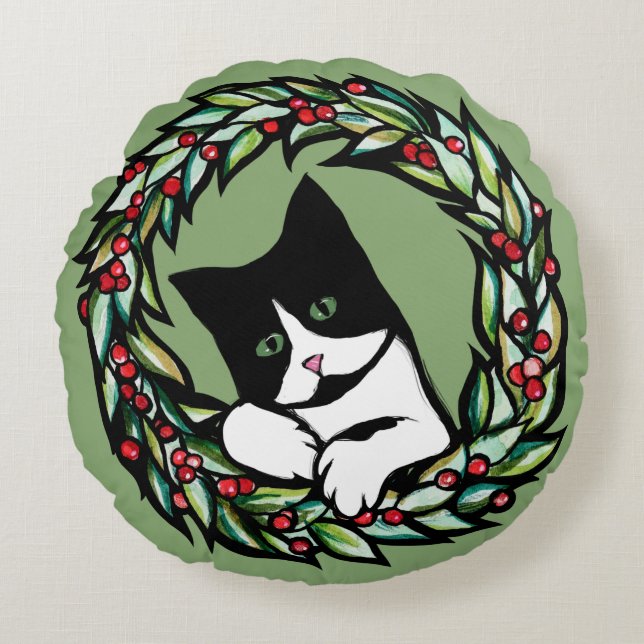 Cojín Redondo Tuxedo Cat Christmas Yule Holiday Cats Catmas Art  (Anverso)