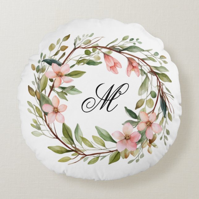 Cojín Redondo Twig de Bonito monograma y guirnalda de flores sil (Anverso)