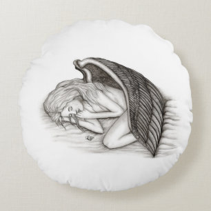 Cojín Redondo Un ángel dormido, diseño negro y blanco