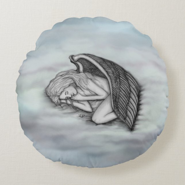 Cojín Redondo Un ángel durmiente en las nubes del cielo (Anverso)