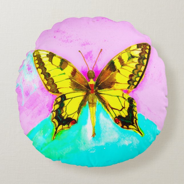 Cojín Redondo Un chica de mariposa (Anverso)
