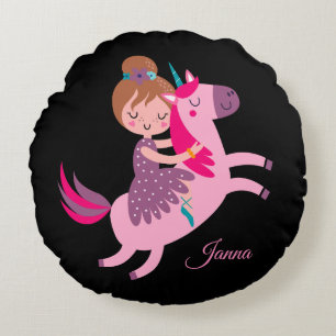 Cojín Redondo Un Chica muerto y muerto viajando en una unicornio