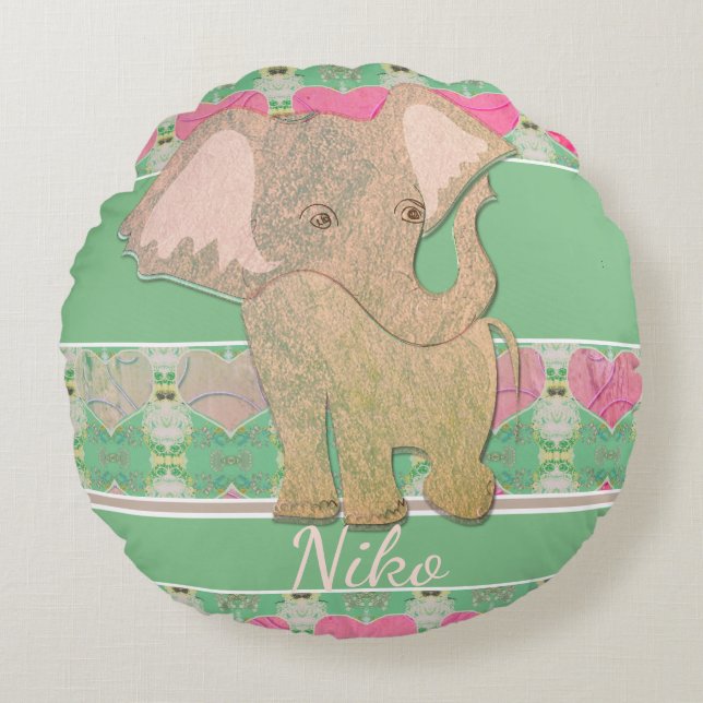Cojín Redondo ¡Un chico Recién nacido! Elefante y verde (Anverso)