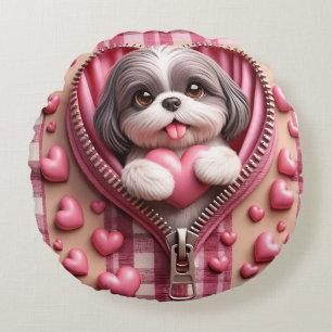 Cojín Redondo Un chih zu chiita en 3D con un fondo rosa y blanco
