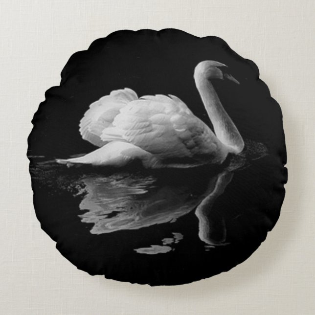 Cojín Redondo Un Cisne Blanco Elegante En Un Fondo Negro (Anverso)