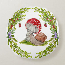 Cojín Redondo Un colorido volante forestal y un caracol