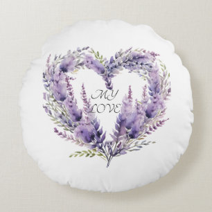 Cojín Redondo Un Corazón de Lavanda. Patrón Púrpura Floral