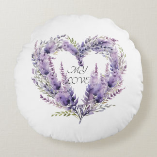 Cojín Redondo Un Corazón de Lavanda. Patrón Púrpura Floral
