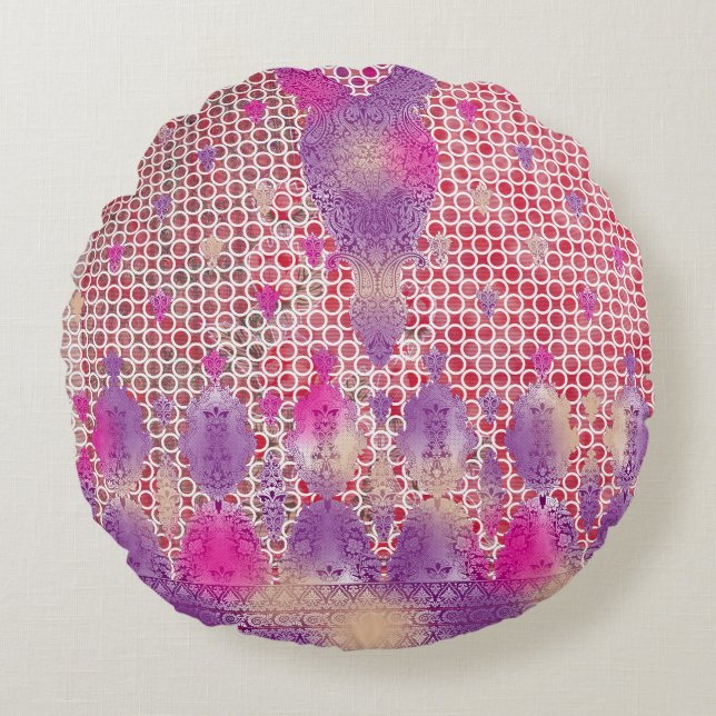 Cojín Redondo un diseño de fondo morado con puntos (Anverso)