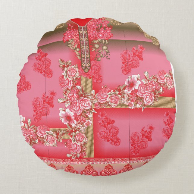 Cojín Redondo un diseño de fondo rosa y dorado con un rojo (Anverso)