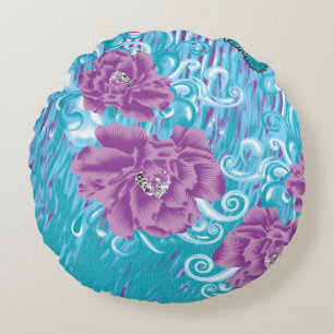 Cojín Redondo Un diseño textil vibrante con púrpura y turq