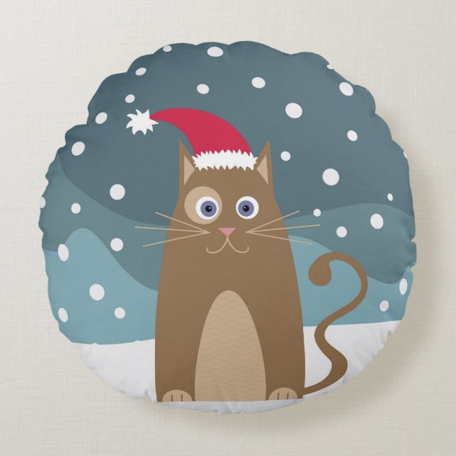 Cojín Redondo Un gato navidad en una noche de invierno nevada (Anverso)