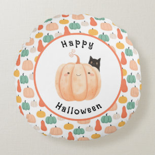 Cojín Redondo Un gato negro agudo asomando una calabaza Hallowee