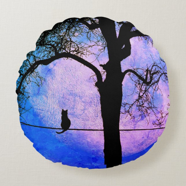 Cojín Redondo Un gato negro en una luna llena de cable (Anverso)