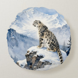 Cojín Redondo Un leopardo de las nieves en pico nevado
