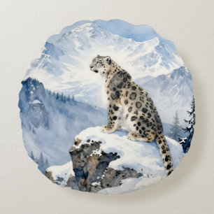 Cojín Redondo Un leopardo de las nieves en pico nevado