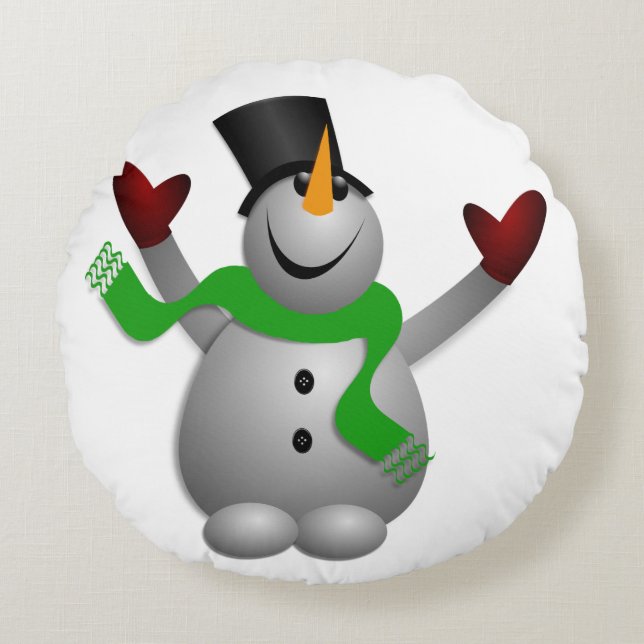 Cojín Redondo Un muñeco de nieve feliz (Anverso)