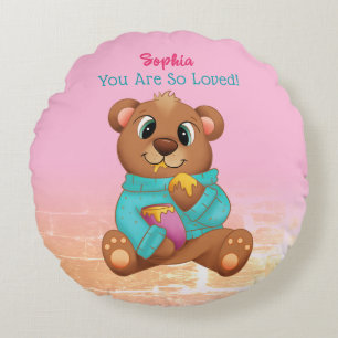 Cojín Redondo Un oso lindo comiendo miel, nombre y mensaje del n